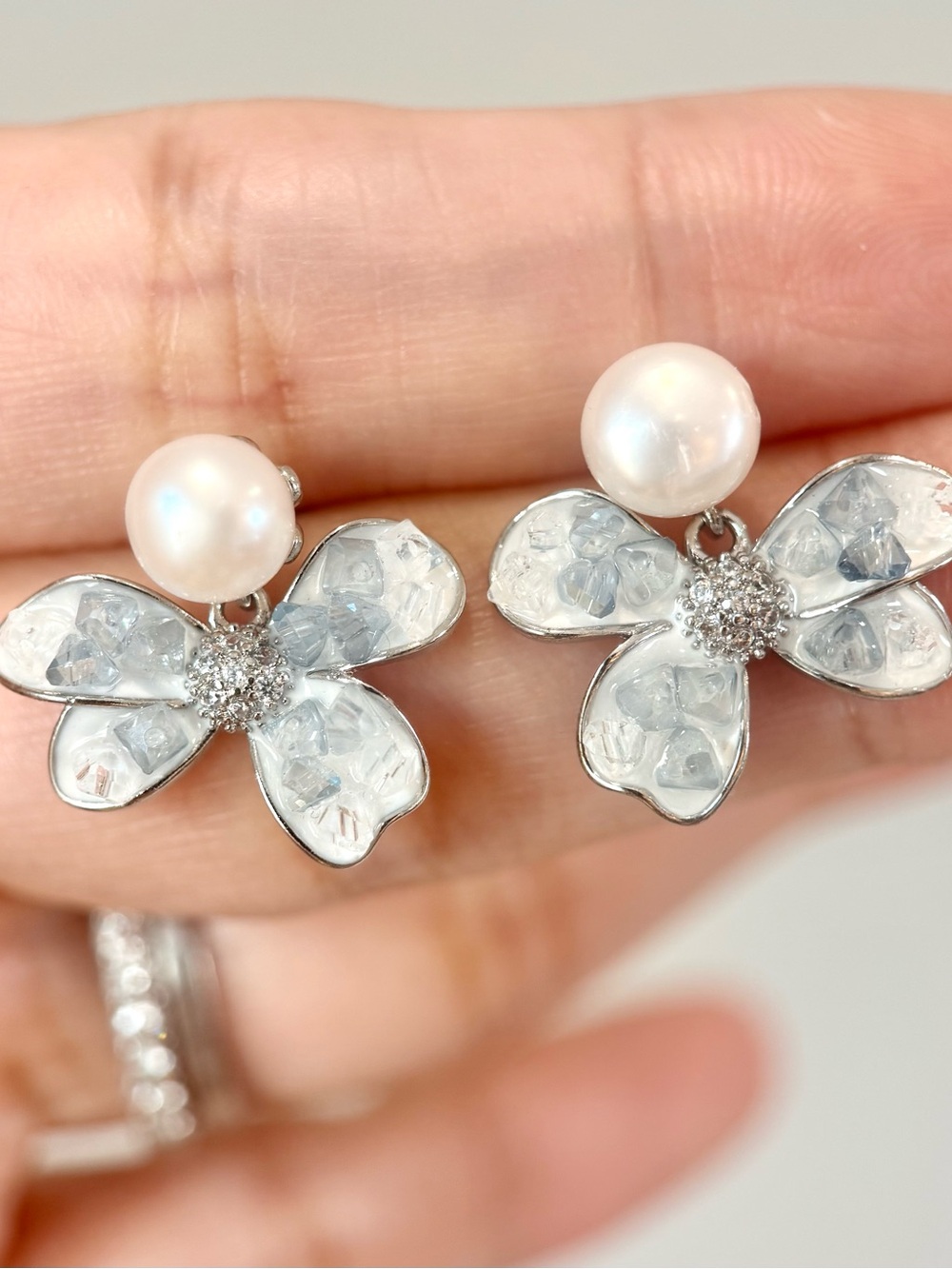 Blue Butterfly flower Real Freshwater Pearl Drop Earrings